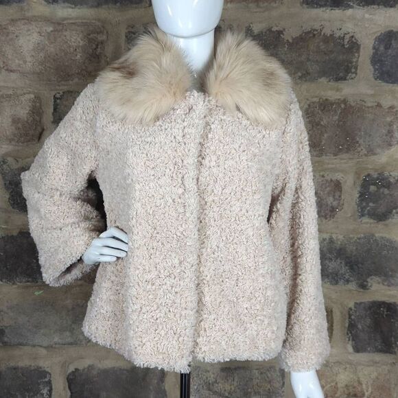 MADE IN Italy Faux Fur Jacket Woman's Cream Snap Lined Curly 3/4 Sleeve Retro - Picture 1 of 13